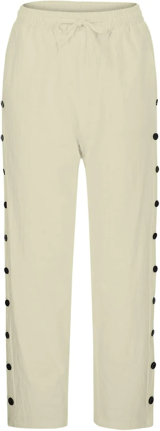 Striped Linen Pants Women Linen Capri Side Button Pants Lightweight Spring Summer Trouser for Women 2025 Beachwear