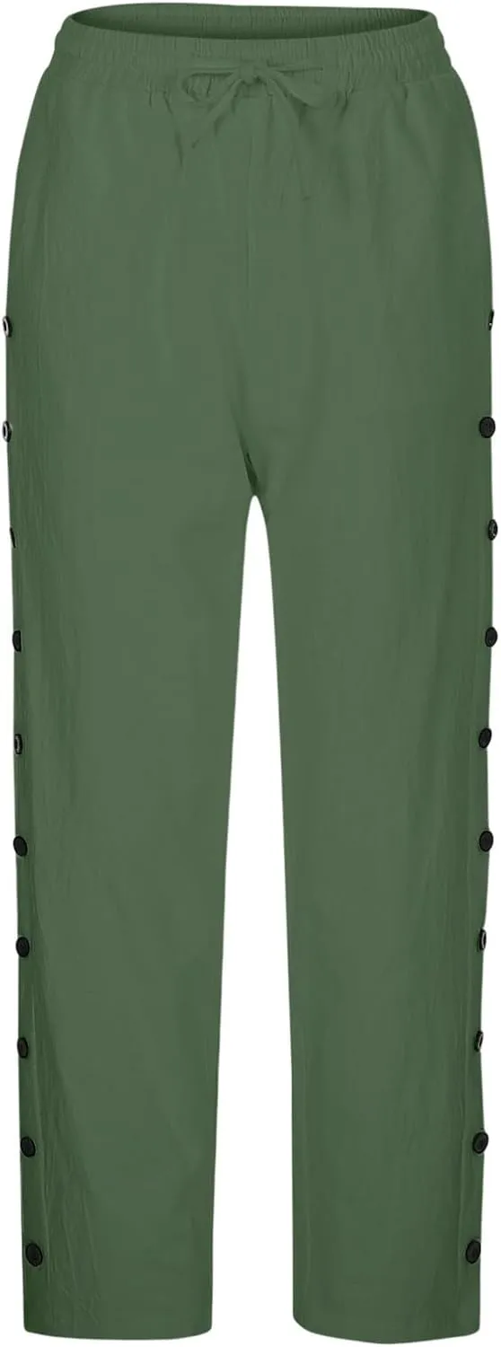 Striped Linen Pants Women Linen Capri Side Button Pants Lightweight Spring Summer Trouser for Women 2025 Beachwear