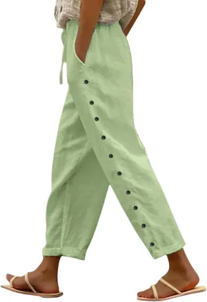 Striped Linen Pants Women Linen Capri Side Button Pants Lightweight Spring Summer Trouser for Women 2025 Beachwear