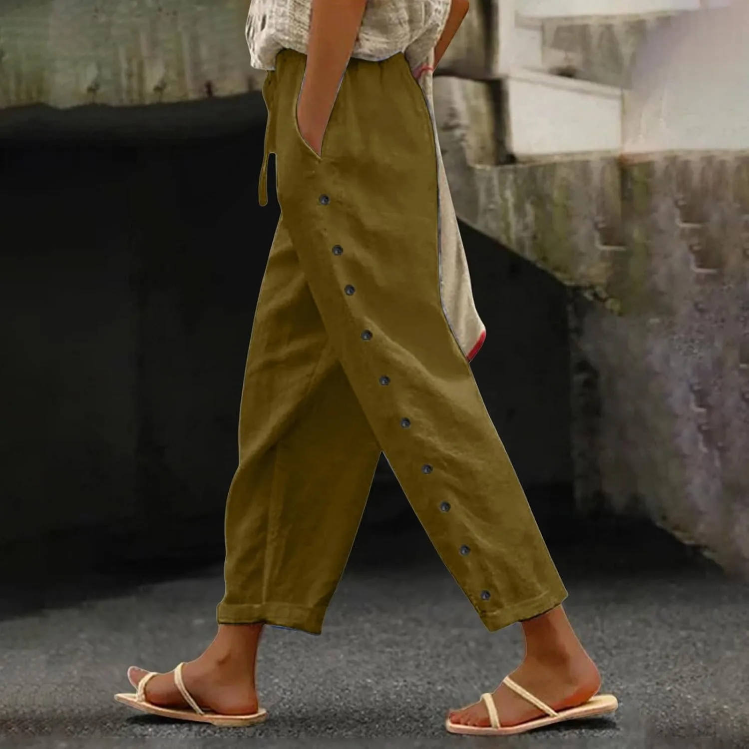 Striped Linen Pants Women Linen Capri Side Button Pants Lightweight Spring Summer Trouser for Women 2025 Beachwear