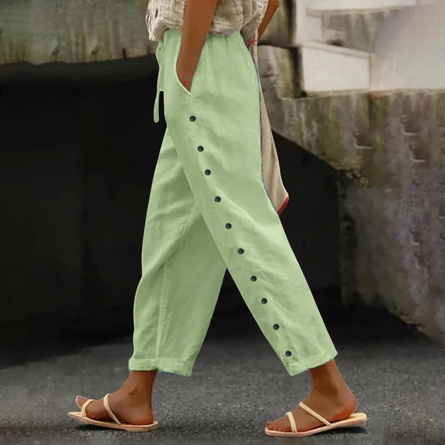 Striped Linen Pants Women Linen Capri Side Button Pants Lightweight Spring Summer Trouser for Women 2025 Beachwear
