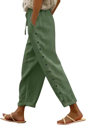 Striped Linen Pants Women Linen Capri Side Button Pants Lightweight Spring Summer Trouser for Women 2025 Beachwear