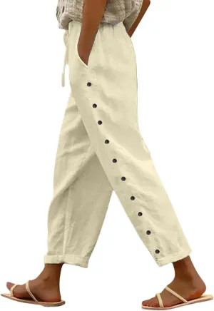 Striped Linen Pants Women Linen Capri Side Button Pants Lightweight Spring Summer Trouser for Women 2025 Beachwear