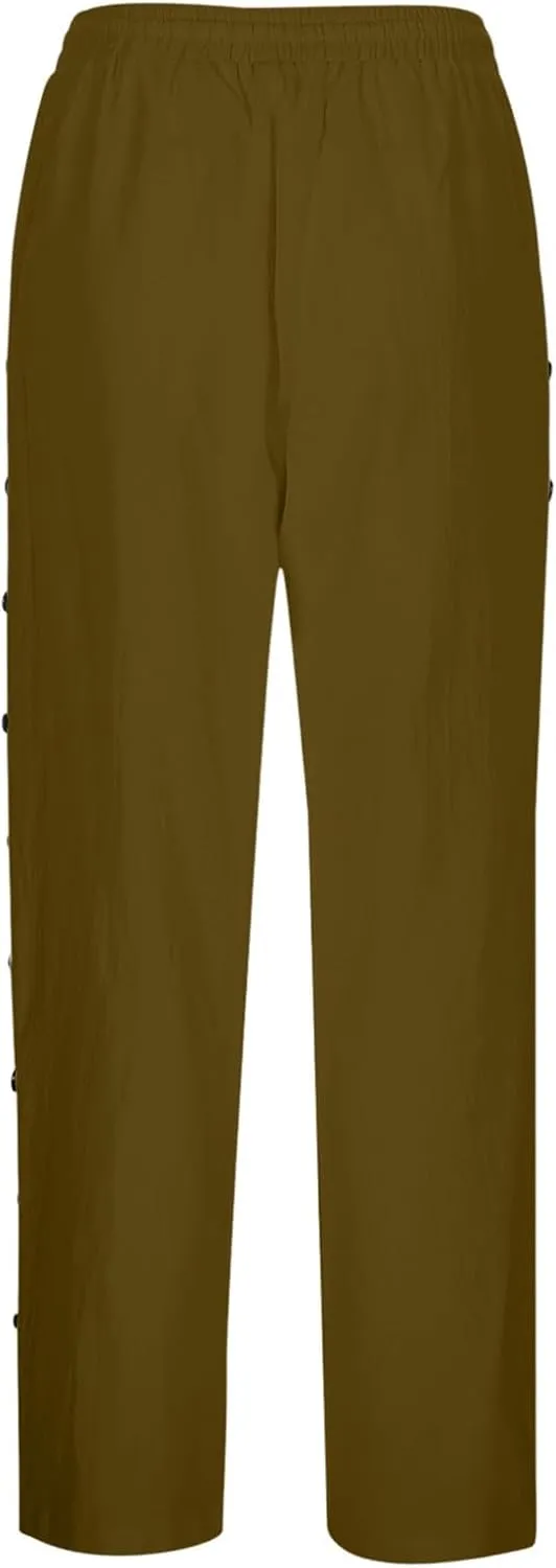 Striped Linen Pants Women Linen Capri Side Button Pants Lightweight Spring Summer Trouser for Women 2025 Beachwear