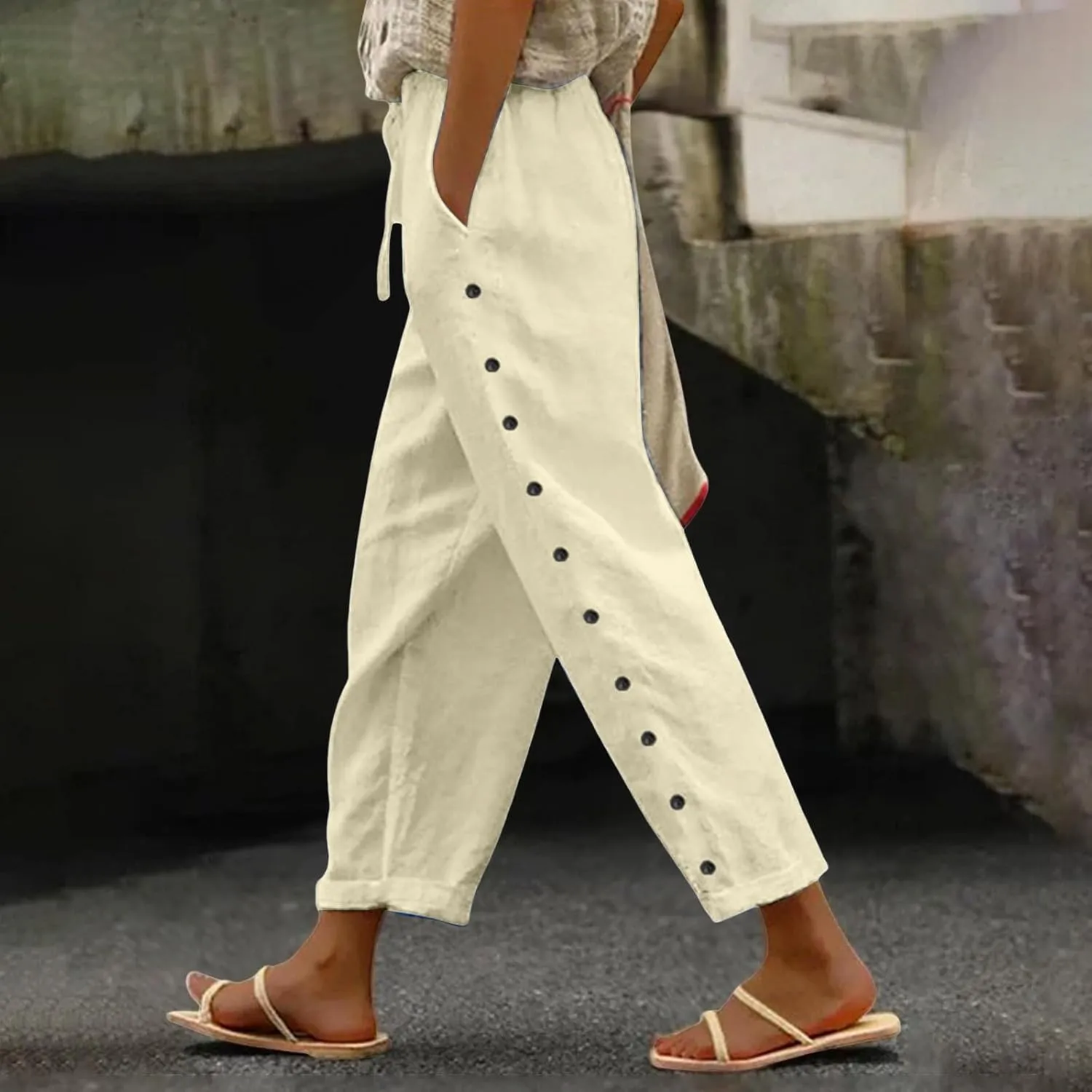 Striped Linen Pants Women Linen Capri Side Button Pants Lightweight Spring Summer Trouser for Women 2025 Beachwear