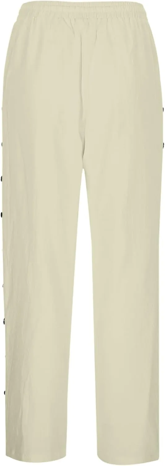 Striped Linen Pants Women Linen Capri Side Button Pants Lightweight Spring Summer Trouser for Women 2025 Beachwear