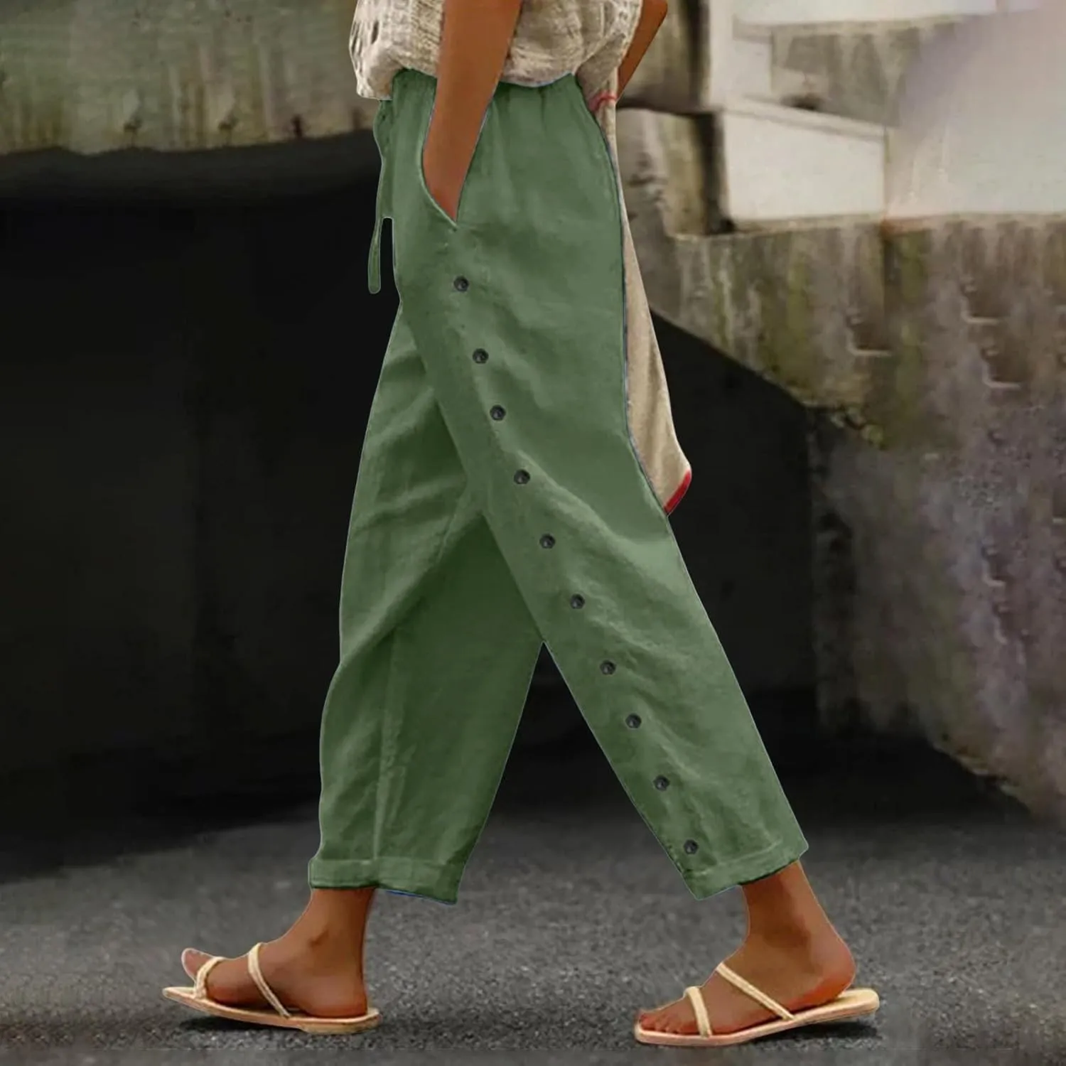 Striped Linen Pants Women Linen Capri Side Button Pants Lightweight Spring Summer Trouser for Women 2025 Beachwear