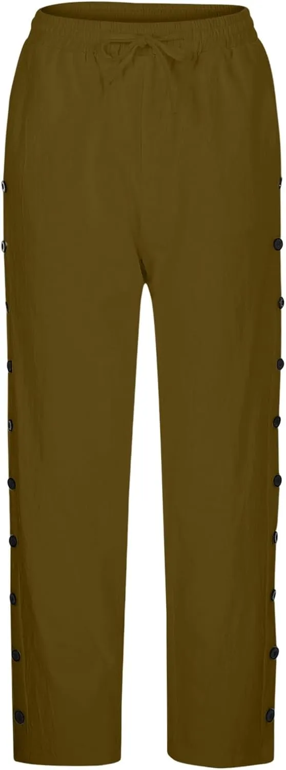 Striped Linen Pants Women Linen Capri Side Button Pants Lightweight Spring Summer Trouser for Women 2025 Beachwear