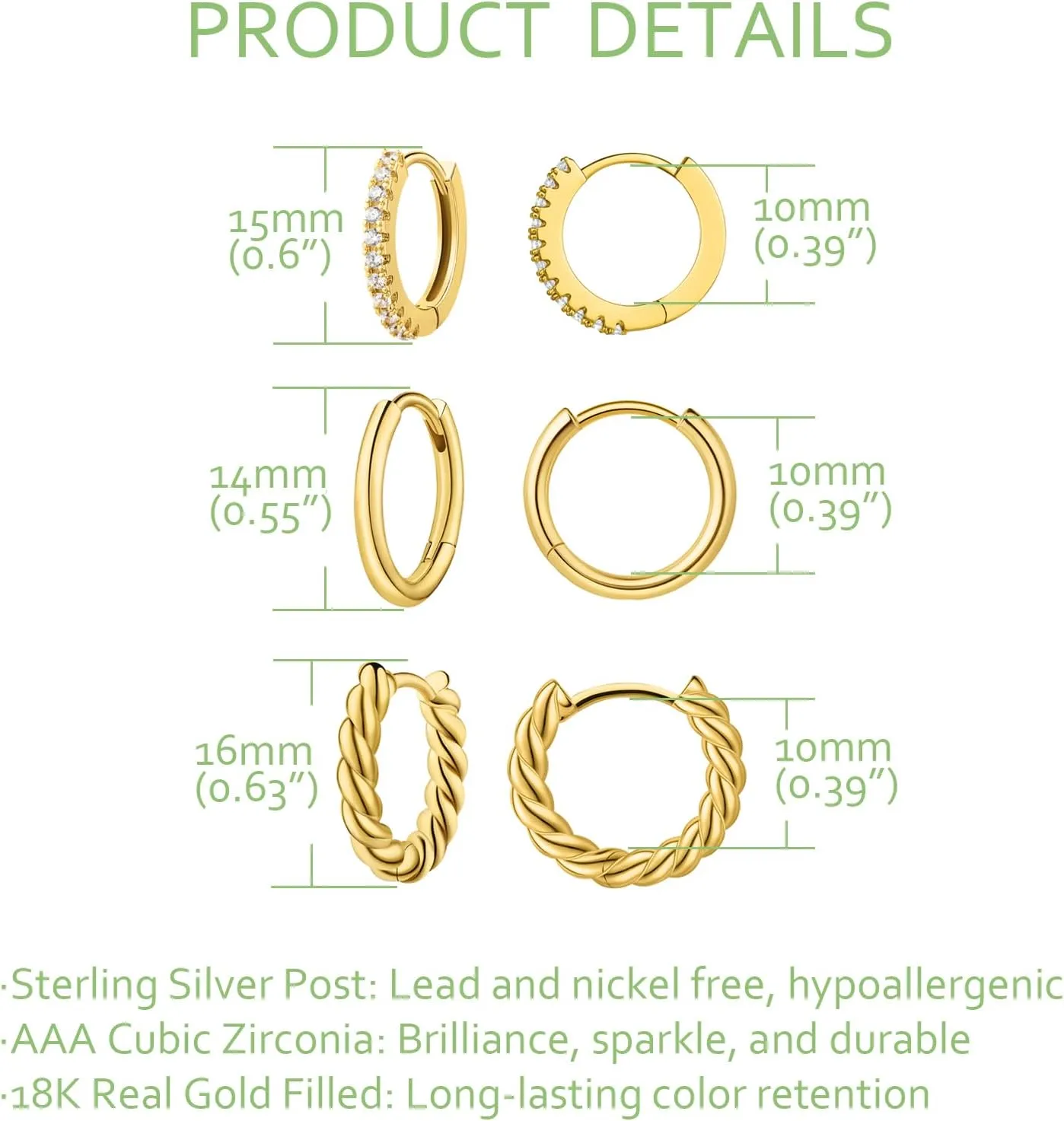 Stud and Hoop Earrings Set for Women 18K Gold Filled CZ Small Ball Studs Huggie Earrings Hypoallergenic Cartilage Earring Sets for Multiple Piercing