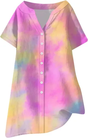 Summer Beach Sundress Women's Gradient Color Dress V Neck Short Sleeve Button Down Top Mini T Shirt Dresses