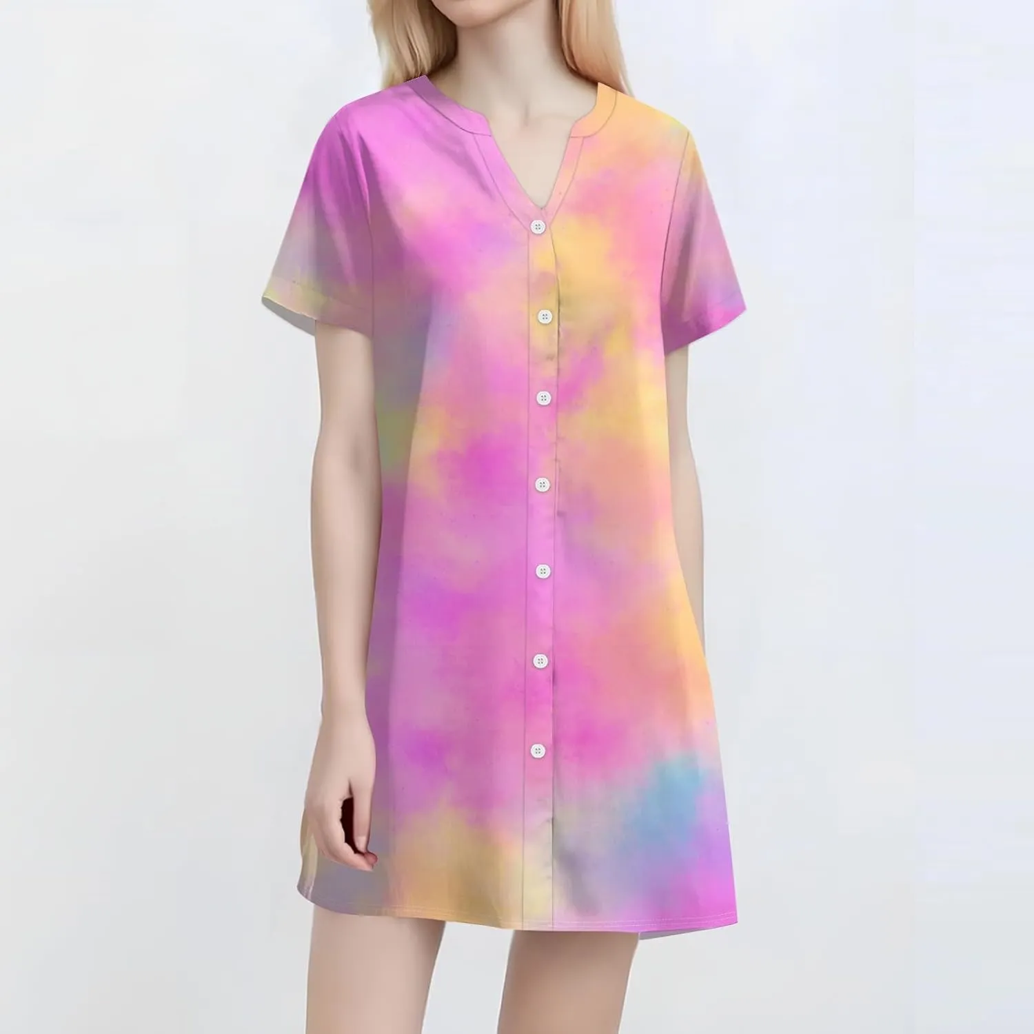 Summer Beach Sundress Women's Gradient Color Dress V Neck Short Sleeve Button Down Top Mini T Shirt Dresses