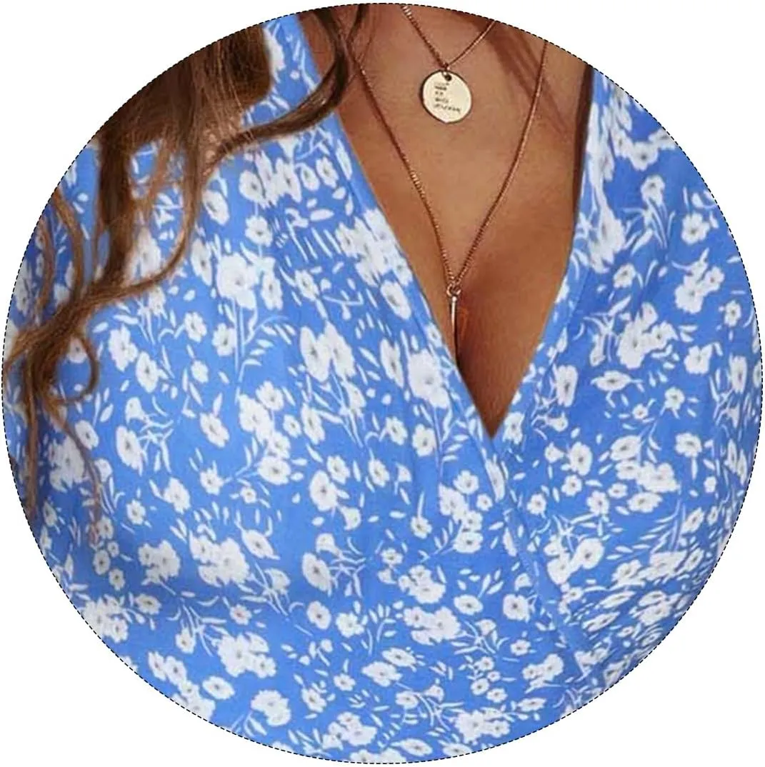 Summer Boho Dresses for Women Trendy Floral Print V Neck Short Sleeve Mini Dress Flowy Color Block Beach Sundress
