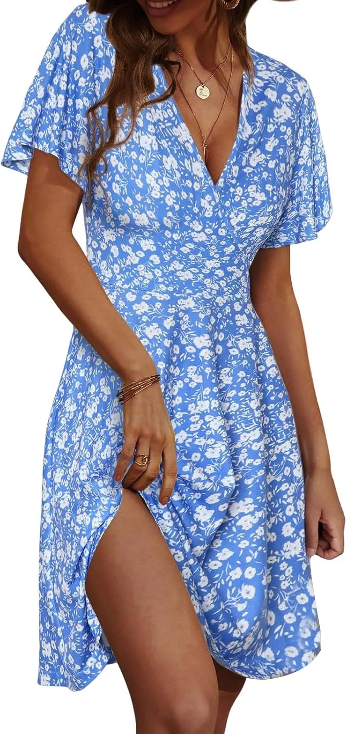 Summer Boho Dresses for Women Trendy Floral Print V Neck Short Sleeve Mini Dress Flowy Color Block Beach Sundress