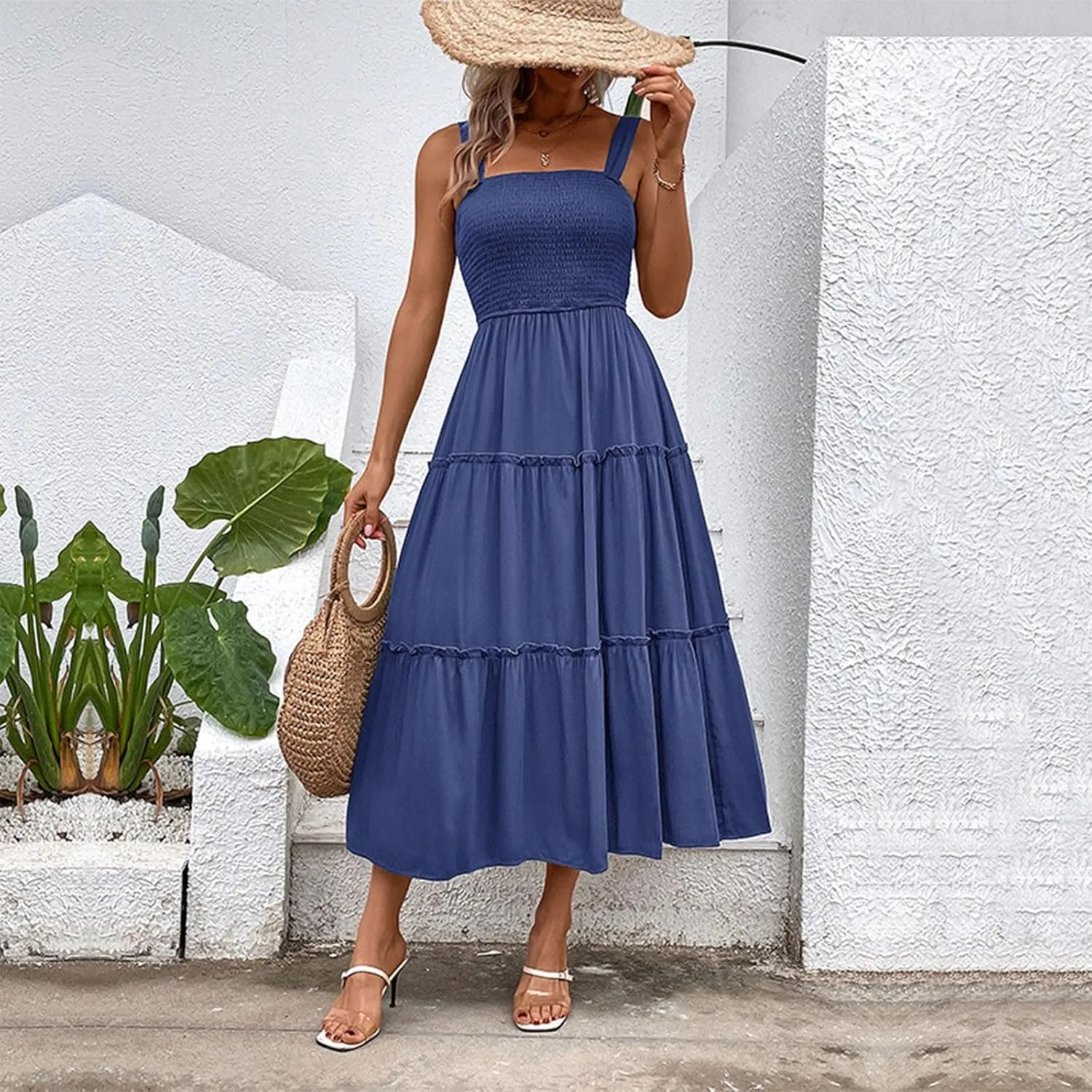 Summer Dresses for Women 2024 Trendy Sleeveless Backless Peplum Long Dress Ladies Flowy Beach Vacation Maxi Sundress