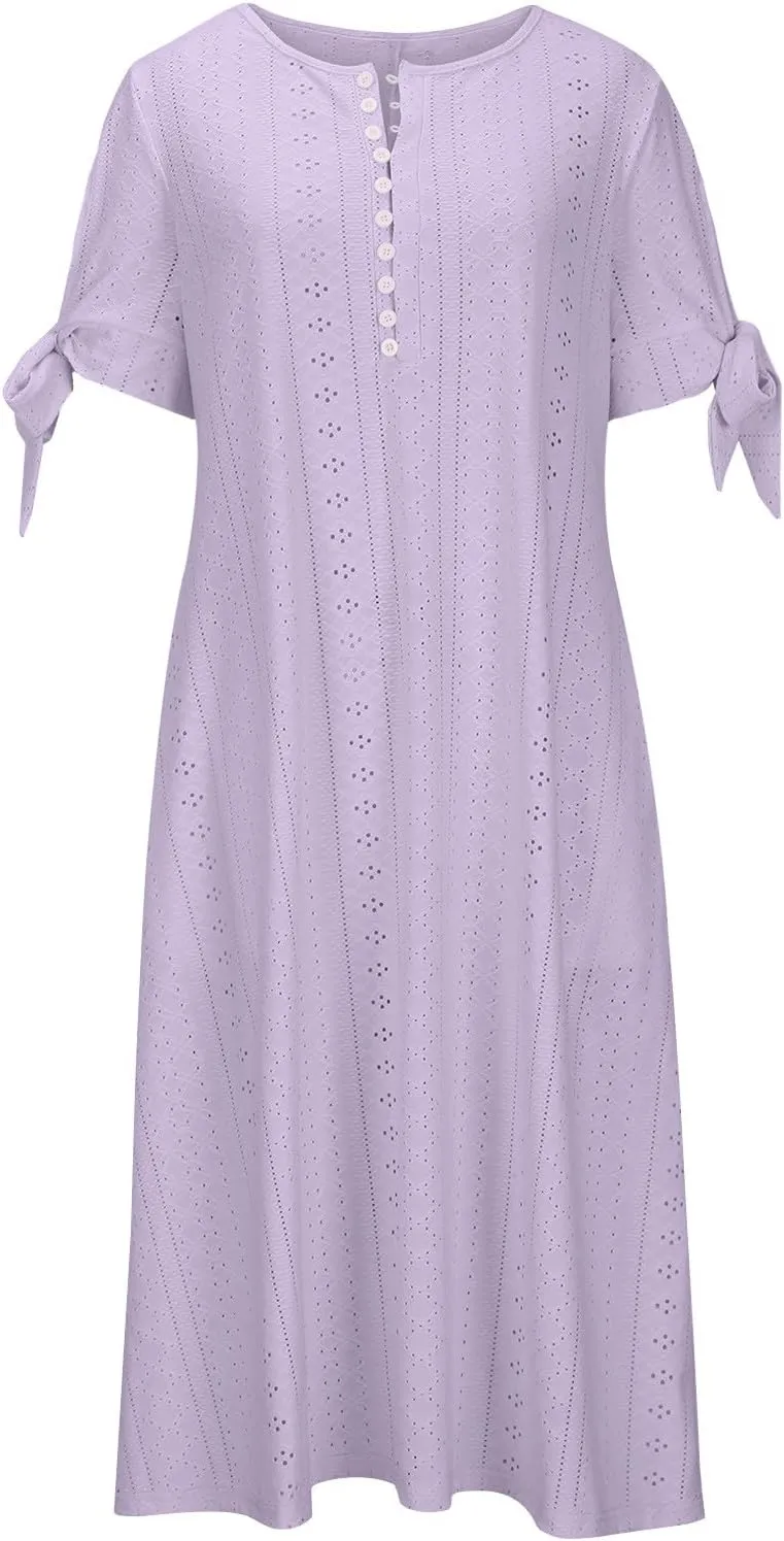 Summer Eyelet Dresses for Women 2024 with Pockets Short Sleeve Button V Neck Flowy A Line Casual Boho Midi Sun Dress