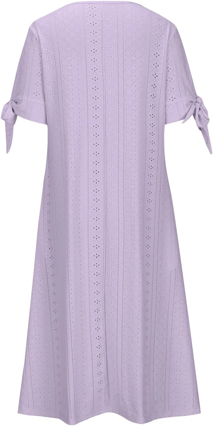 Summer Eyelet Dresses for Women 2024 with Pockets Short Sleeve Button V Neck Flowy A Line Casual Boho Midi Sun Dress