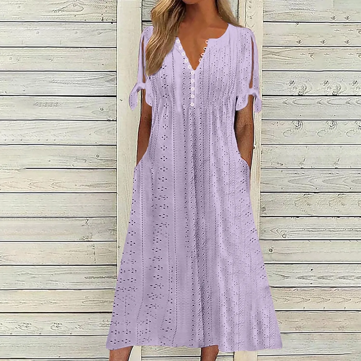 Summer Eyelet Dresses for Women 2024 with Pockets Short Sleeve Button V Neck Flowy A Line Casual Boho Midi Sun Dress