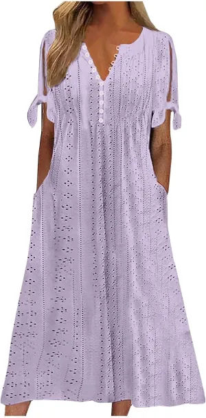 Summer Eyelet Dresses for Women 2024 with Pockets Short Sleeve Button V Neck Flowy A Line Casual Boho Midi Sun Dress