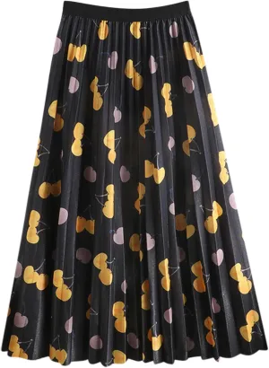 Summer Midi Skirts Fashion Floral Print Overszied skirts for women trendy High Waist Pleated Skirt A Line Swing Mid length Black
