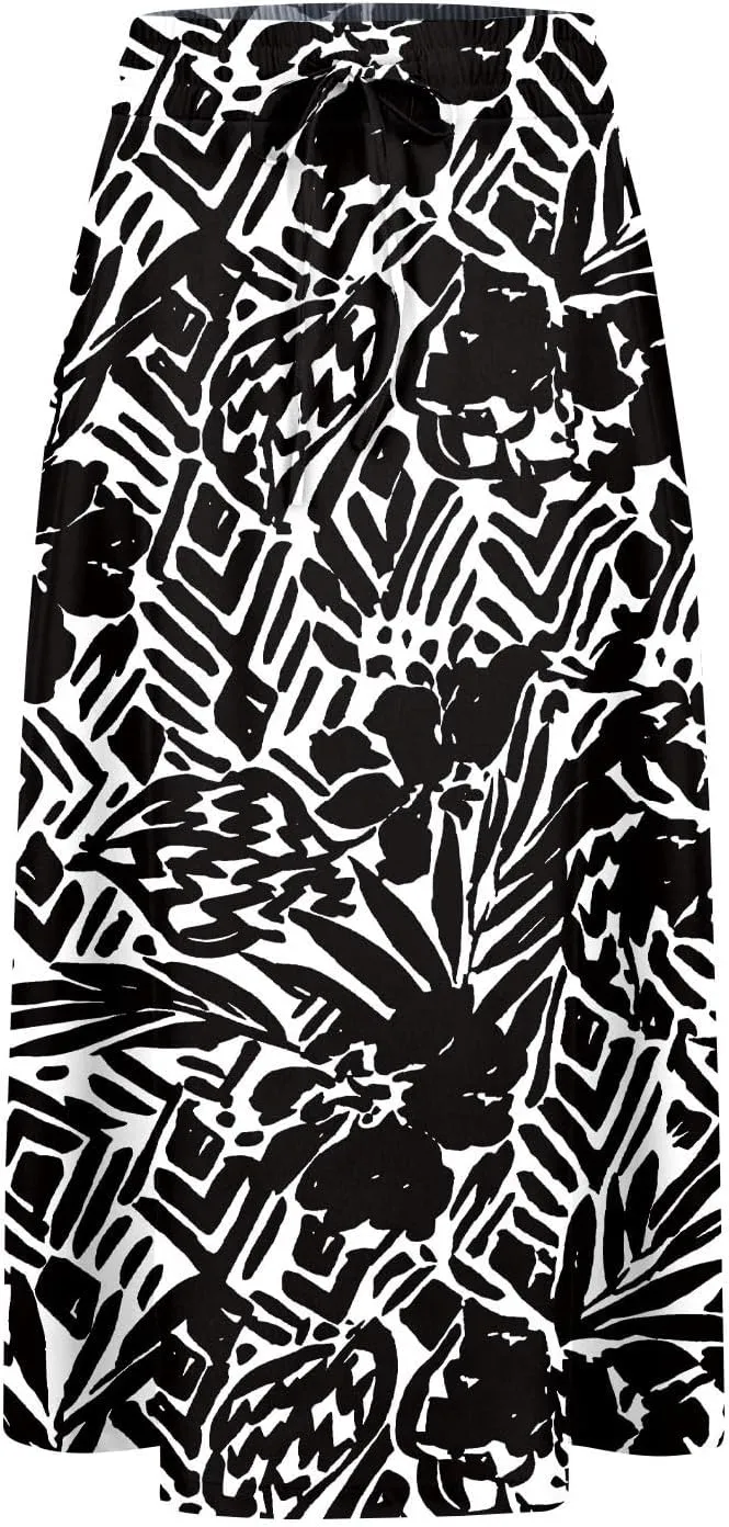 Summer Midi Skirts for Women 2025 Vacation Flowy Beach Skirt Drawstring High Waisted A-Line Boho Skirt with Pockets