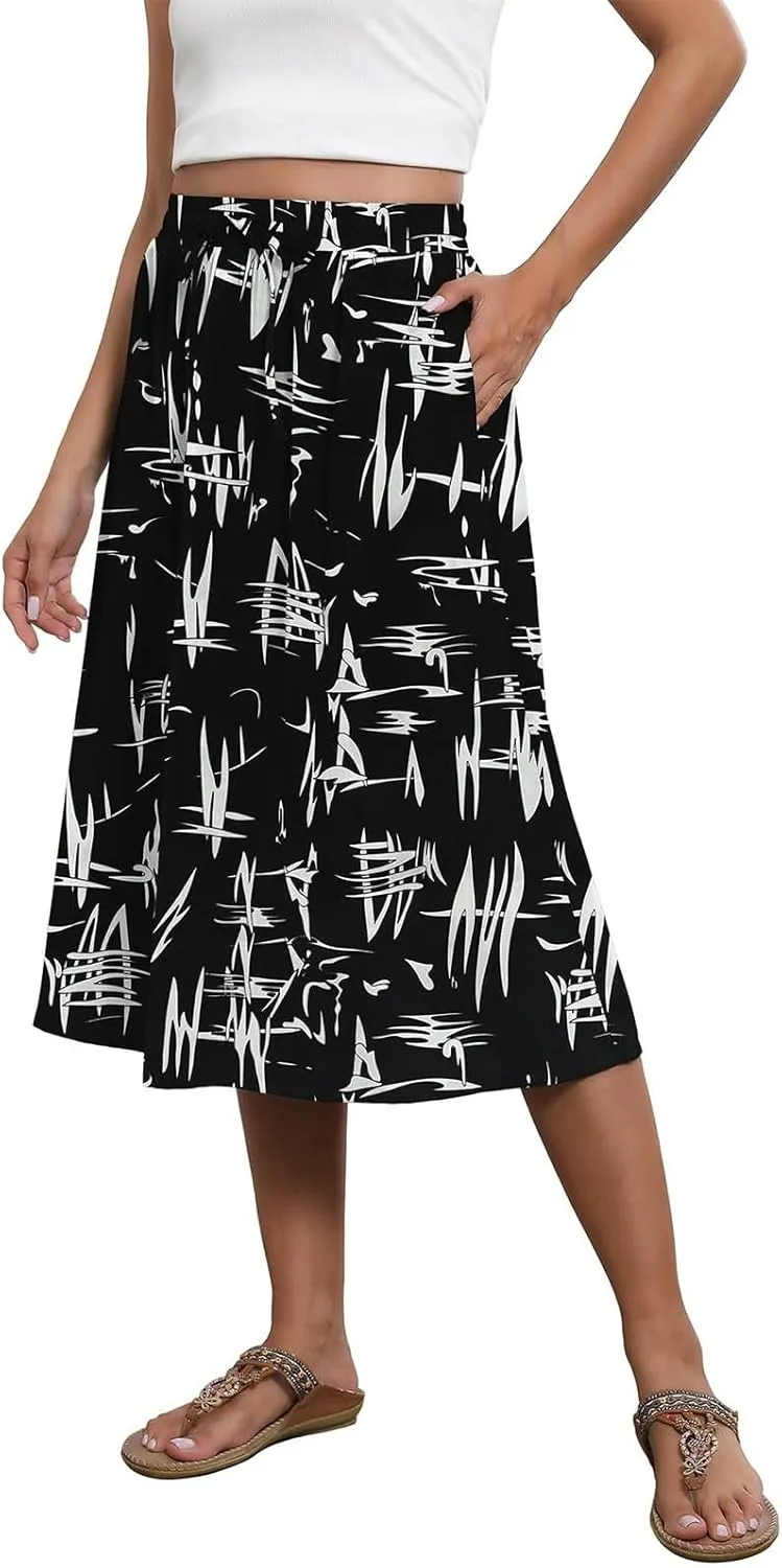 Summer Midi Skirts for Women 2025 Vacation Flowy Beach Skirt Drawstring High Waisted A-Line Boho Skirt with Pockets