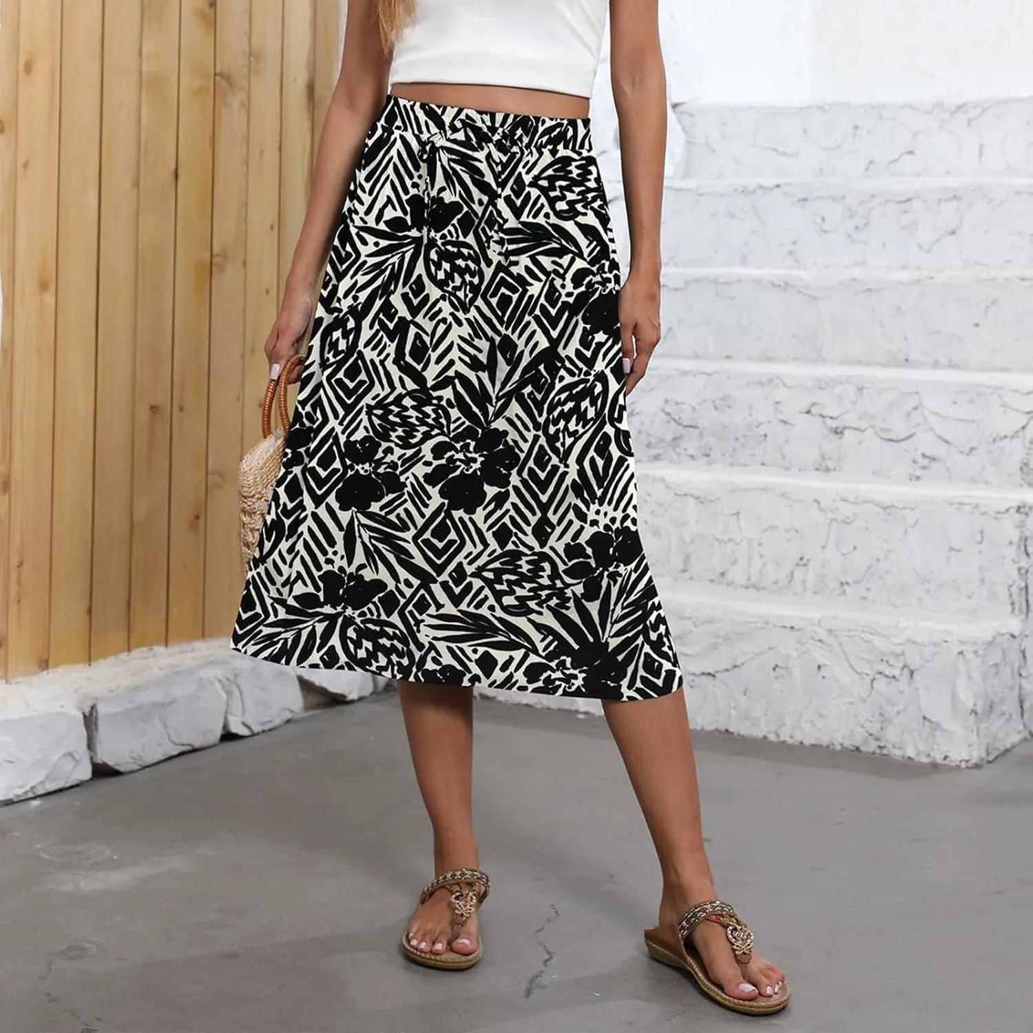 Summer Midi Skirts for Women 2025 Vacation Flowy Beach Skirt Drawstring High Waisted A-Line Boho Skirt with Pockets