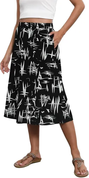 Summer Midi Skirts for Women 2025 Vacation Flowy Beach Skirt Drawstring High Waisted A-Line Boho Skirt with Pockets