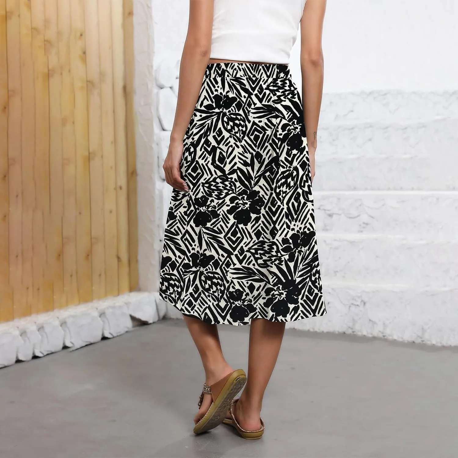 Summer Midi Skirts for Women 2025 Vacation Flowy Beach Skirt Drawstring High Waisted A-Line Boho Skirt with Pockets
