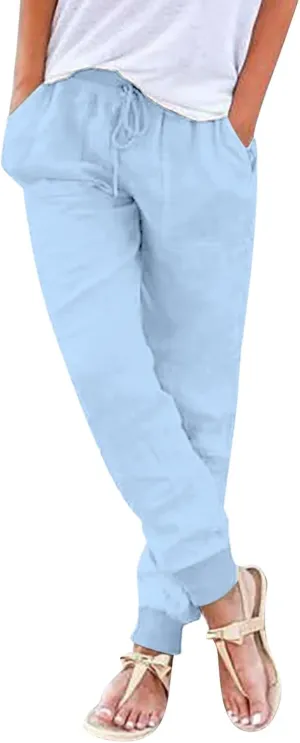 Summer Pants for Women 2025 Casual Drawstring High Waisted Linen Pants Beach Wide Leg Trousers with Pockets Summer
