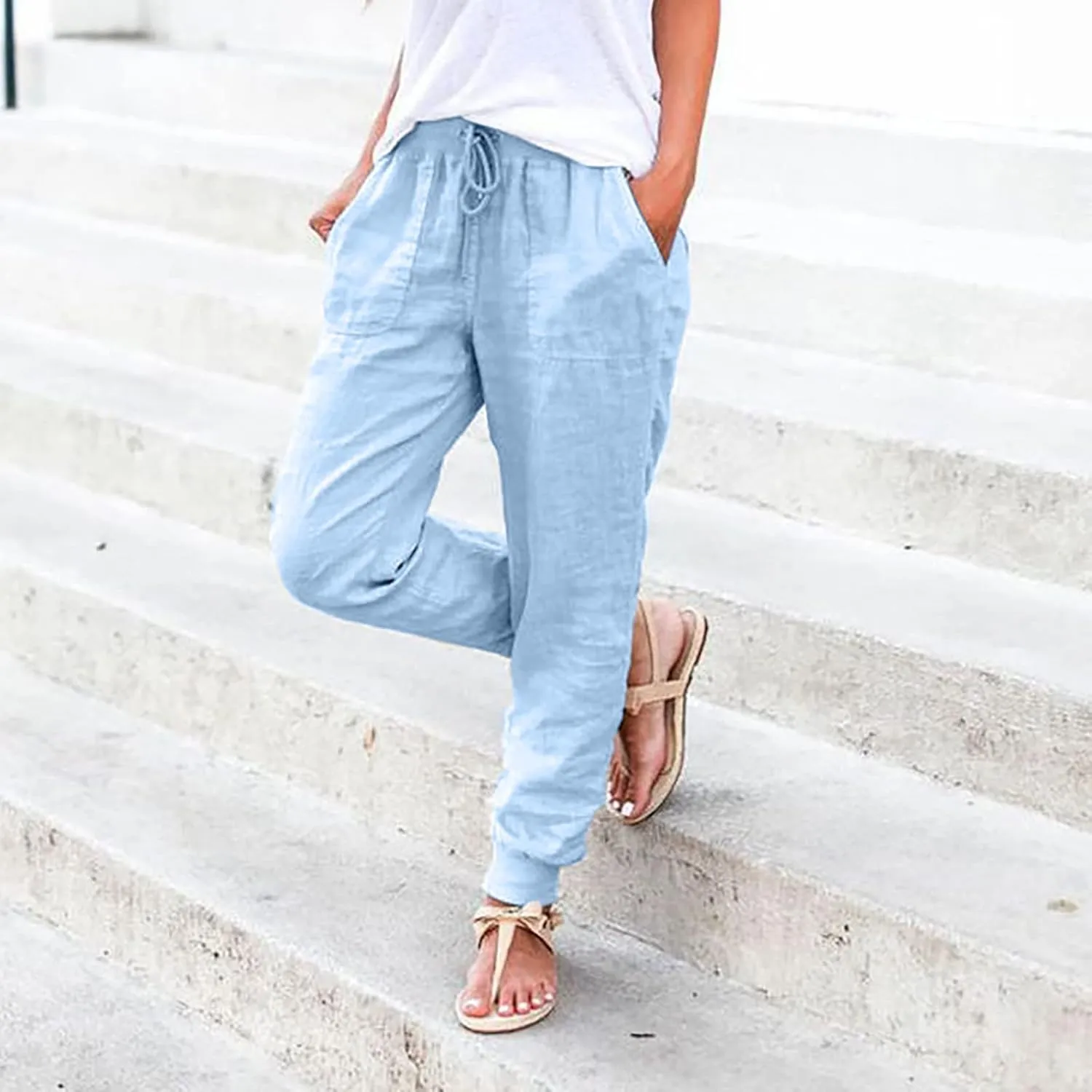 Summer Pants for Women 2025 Casual Drawstring High Waisted Linen Pants Beach Wide Leg Trousers with Pockets Summer