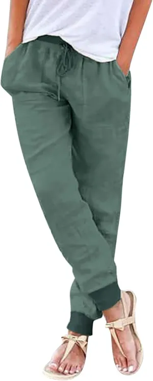 Summer Pants for Women 2025 Casual Drawstring High Waisted Linen Pants Beach Wide Leg Trousers with Pockets Summer