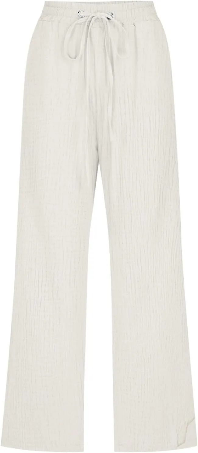 Summer Pants for Women 2025 Trendy Linen Capri Pants Casual Drawstring High Waist Cropped Pant Smocked Solid Trouser