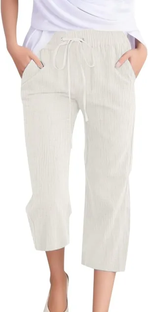 Summer Pants for Women 2025 Trendy Linen Capri Pants Casual Drawstring High Waist Cropped Pant Smocked Solid Trouser
