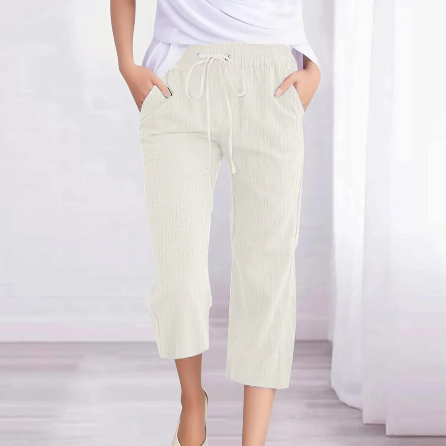 Summer Pants for Women 2025 Trendy Linen Capri Pants Casual Drawstring High Waist Cropped Pant Smocked Solid Trouser