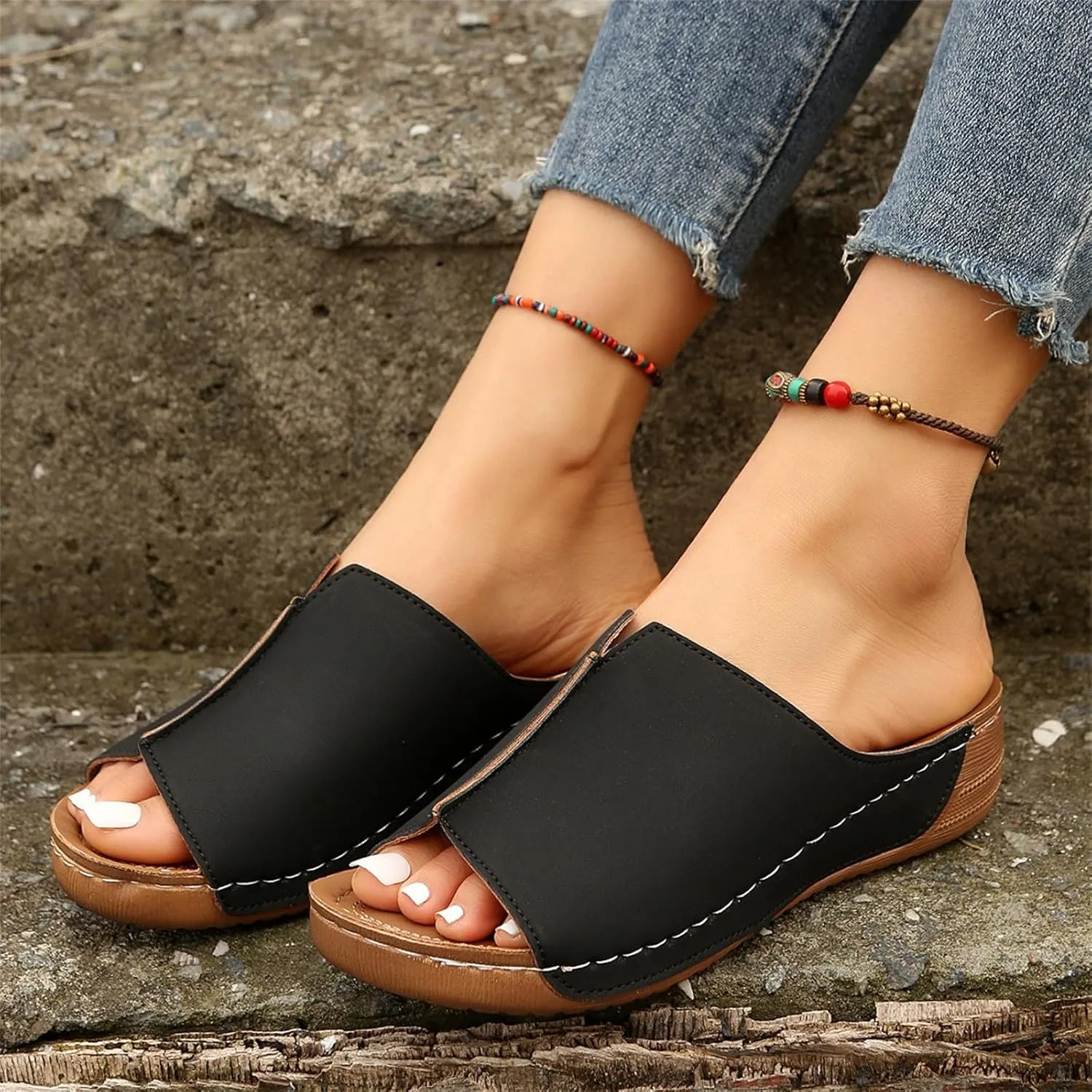Summer Sandals for Women 2024 Trendy Orthopedic Arch Support Walking Shoes Flat Sandals Wedges Slides Dressy Low Platform Slip Sandals