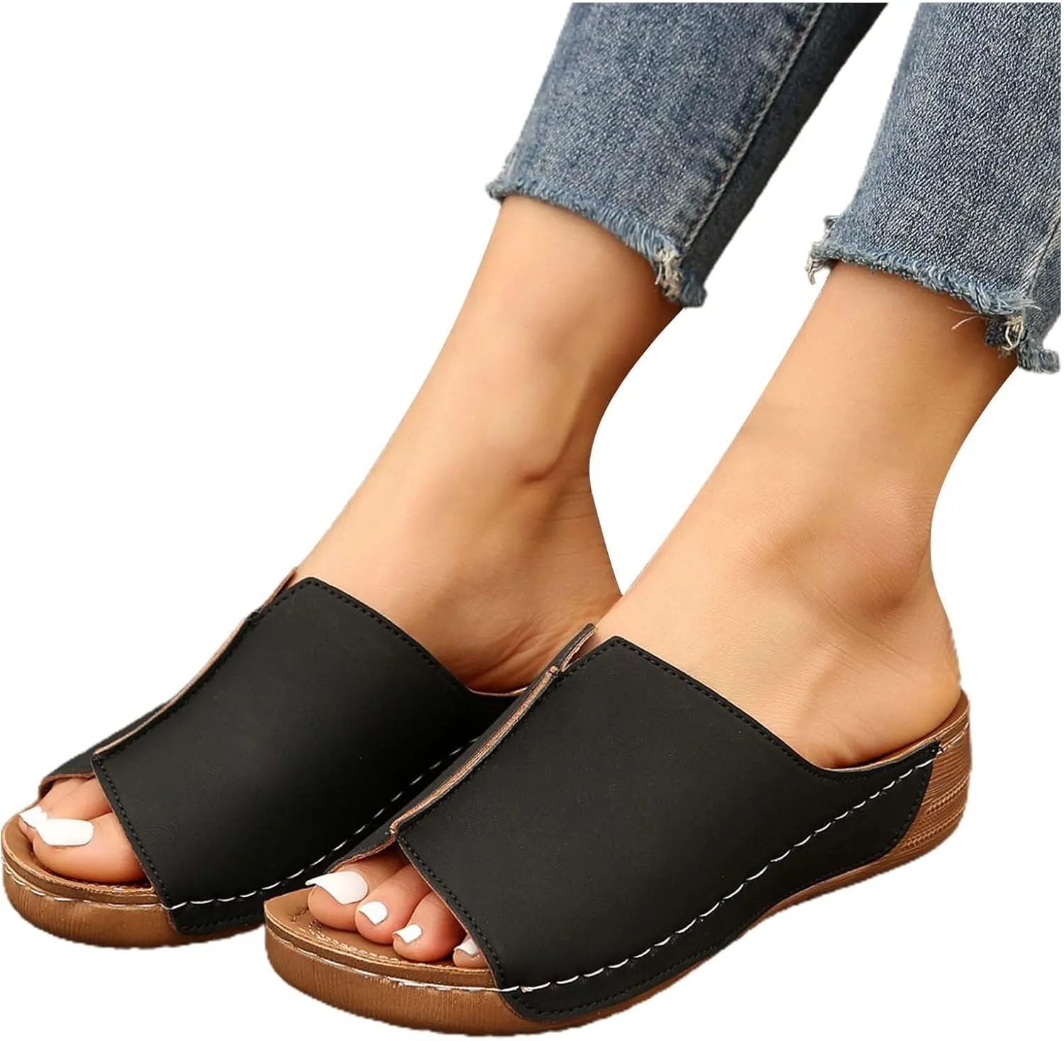Summer Sandals for Women 2024 Trendy Orthopedic Arch Support Walking Shoes Flat Sandals Wedges Slides Dressy Low Platform Slip Sandals