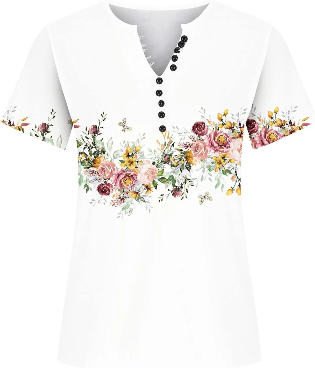Summer Shirts for Women 2025 Plus Size Short Sleeve Henley Tops Marble Floral Loose Tshirt Tee Casual Dressy Tunics