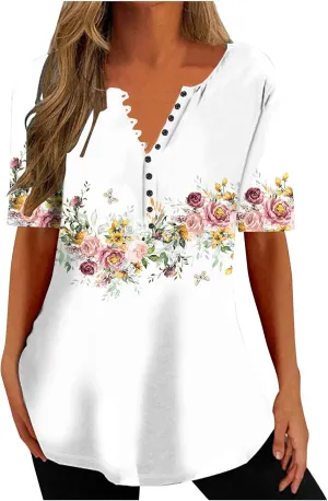 Summer Shirts for Women 2025 Plus Size Short Sleeve Henley Tops Marble Floral Loose Tshirt Tee Casual Dressy Tunics