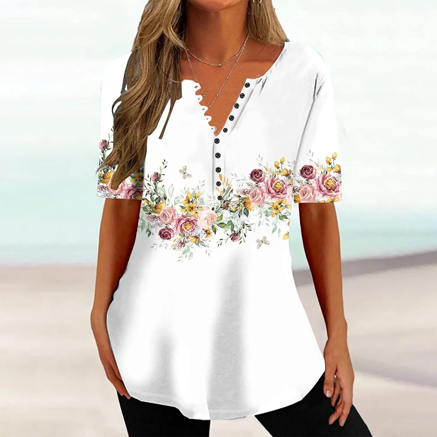 Summer Shirts for Women 2025 Plus Size Short Sleeve Henley Tops Marble Floral Loose Tshirt Tee Casual Dressy Tunics