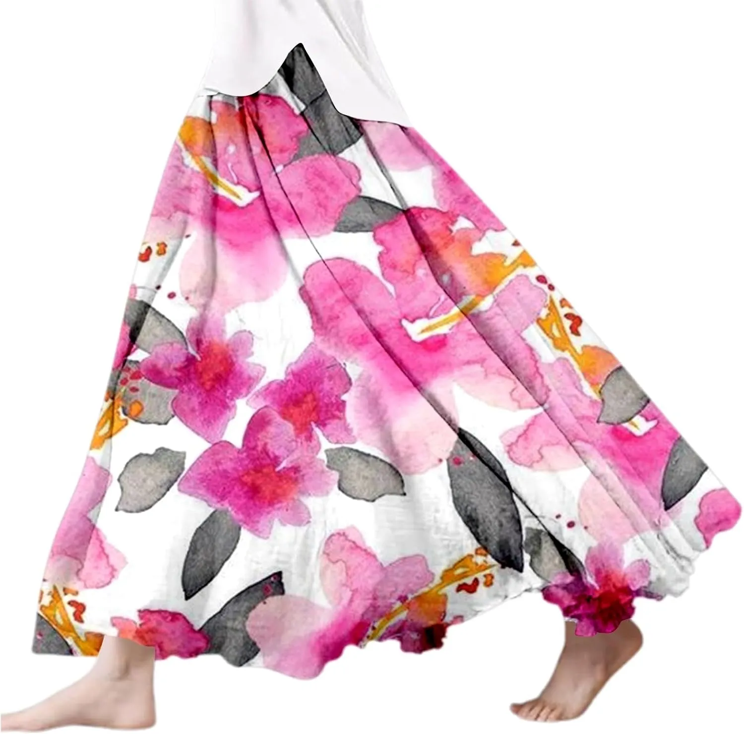 Summer Skirts for Women 2025 Vacation Boho Floral Maxi Skirt Elastic High Waisted Flowy Ruffle A Line Skirt