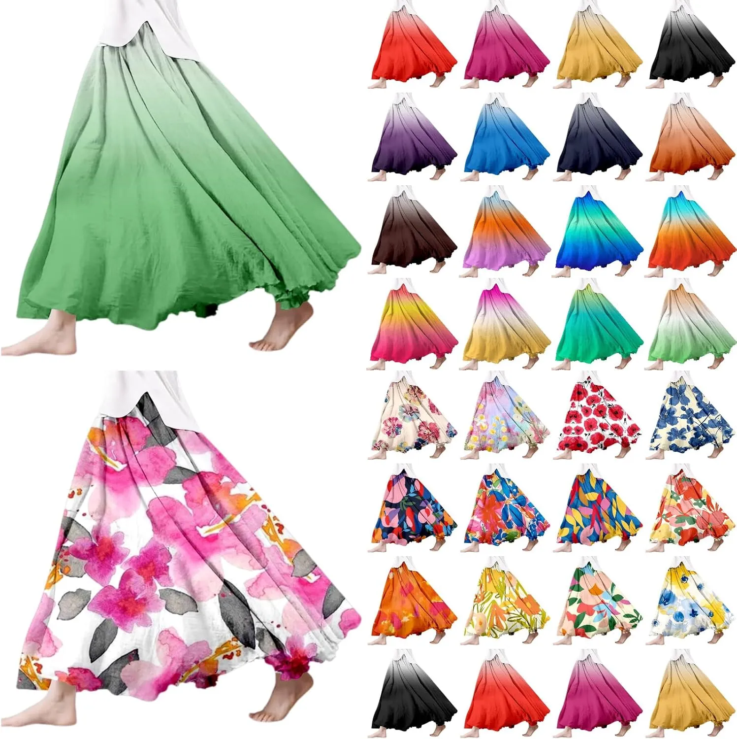 Summer Skirts for Women 2025 Vacation Boho Floral Maxi Skirt Elastic High Waisted Flowy Ruffle A Line Skirt