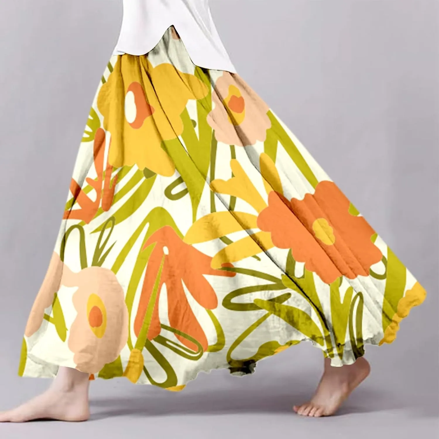 Summer Skirts for Women 2025 Vacation Boho Floral Maxi Skirt Elastic High Waisted Flowy Ruffle A Line Skirt