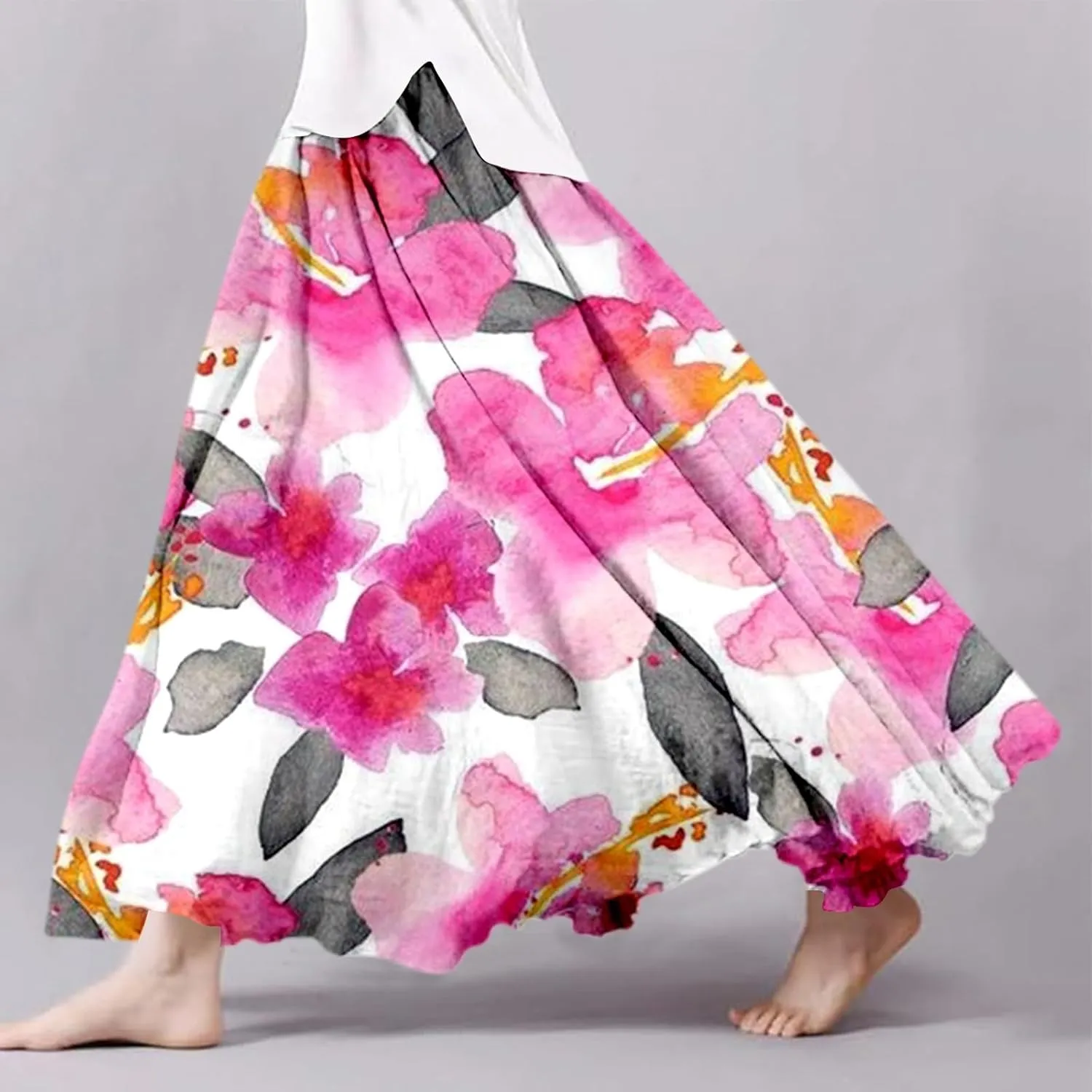 Summer Skirts for Women 2025 Vacation Boho Floral Maxi Skirt Elastic High Waisted Flowy Ruffle A Line Skirt