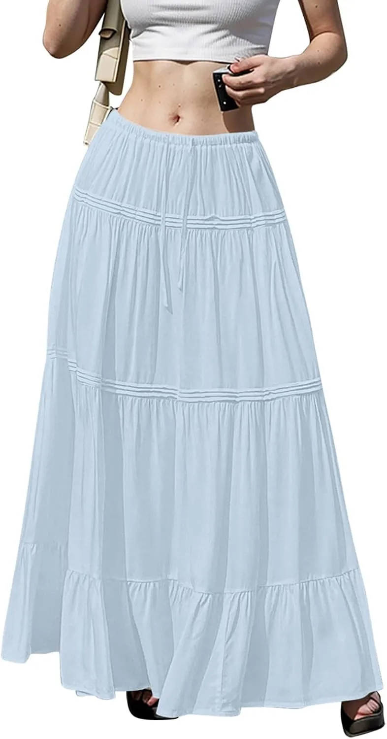 Summer Skirts for Women Trendy Drawstring Waisted Flowy Tiered Linen Maxi Skirt Pleated Ruffled A-Line Long Skirts