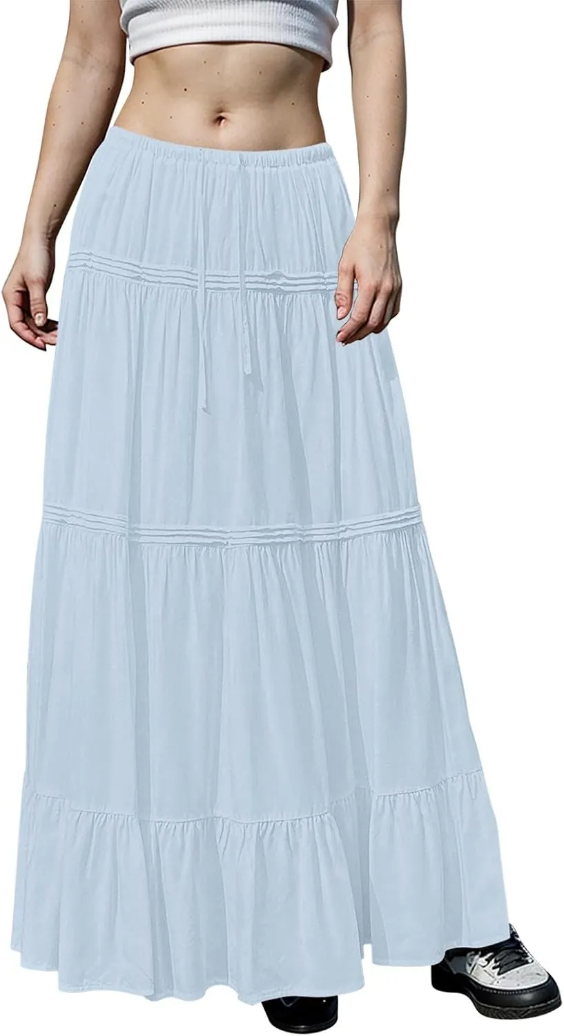 Summer Skirts for Women Trendy Drawstring Waisted Flowy Tiered Linen Maxi Skirt Pleated Ruffled A-Line Long Skirts