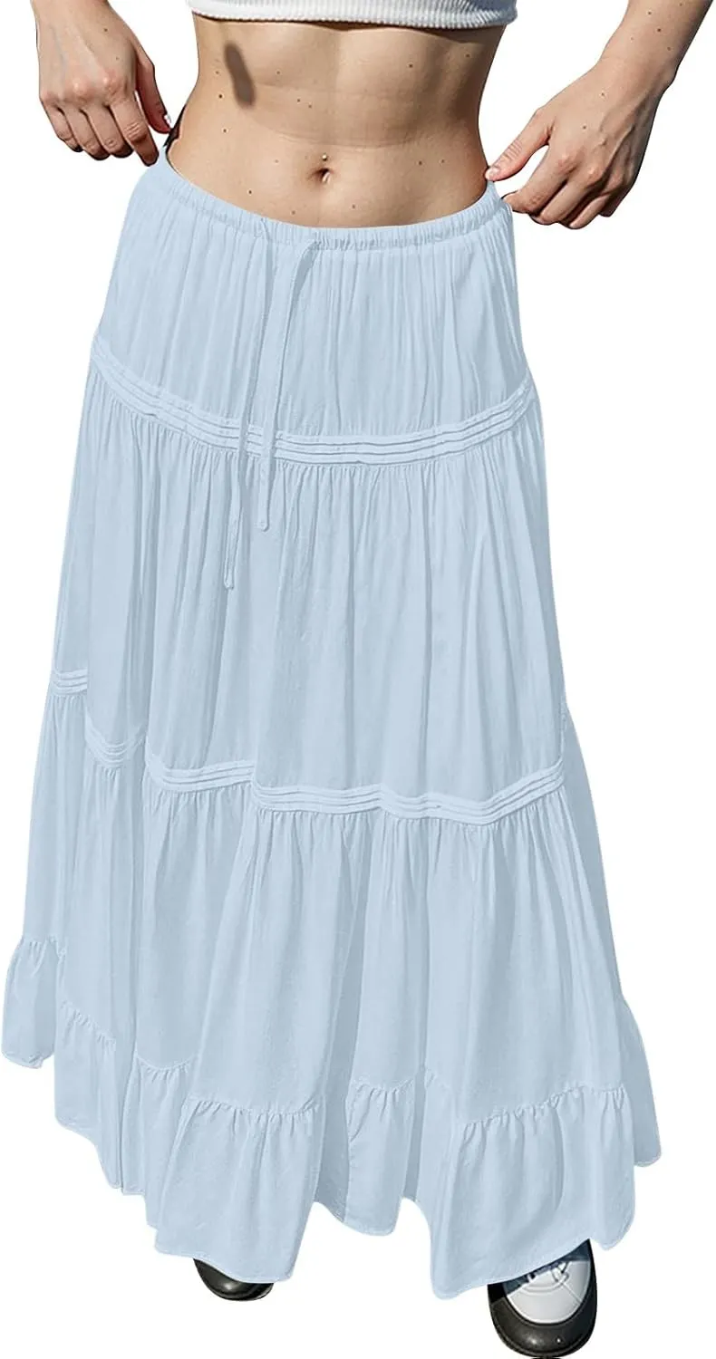 Summer Skirts for Women Trendy Drawstring Waisted Flowy Tiered Linen Maxi Skirt Pleated Ruffled A-Line Long Skirts
