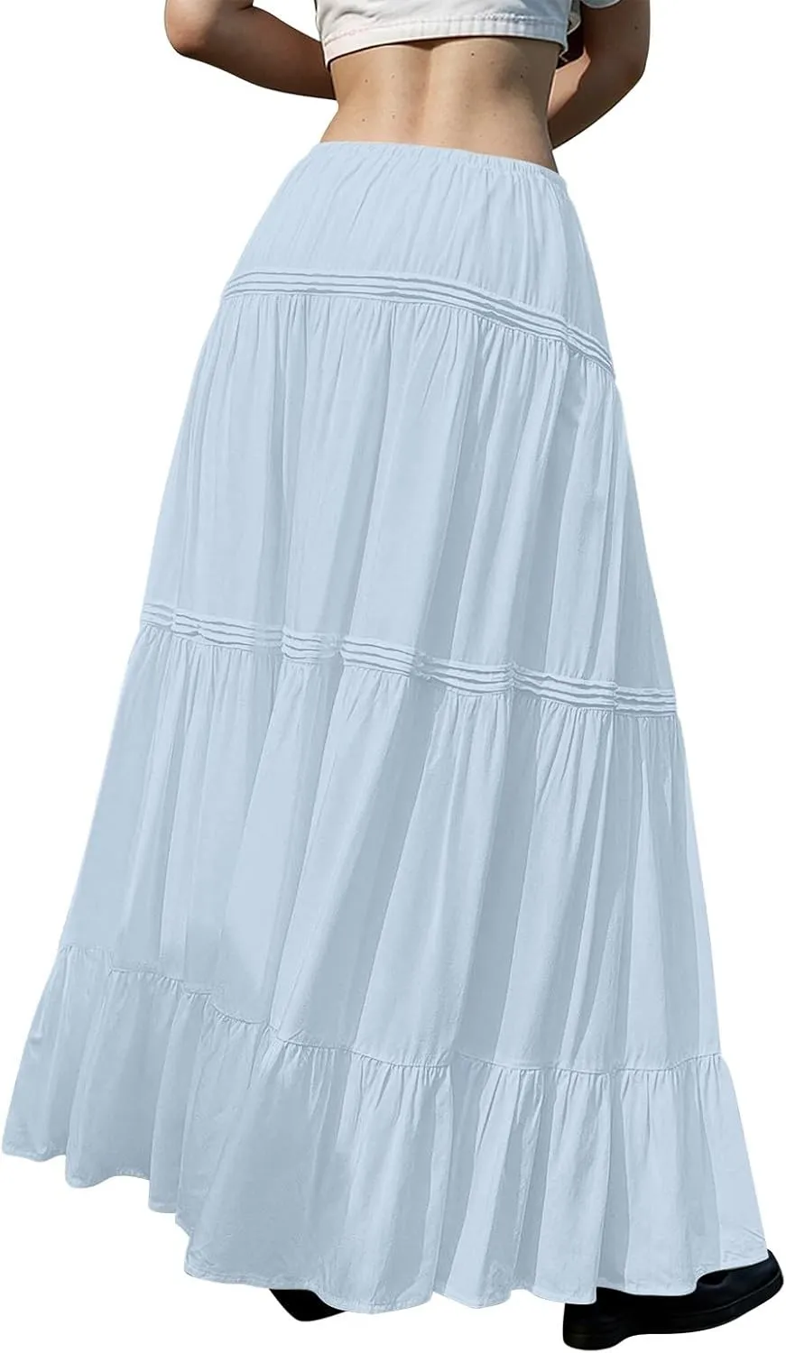 Summer Skirts for Women Trendy Drawstring Waisted Flowy Tiered Linen Maxi Skirt Pleated Ruffled A-Line Long Skirts