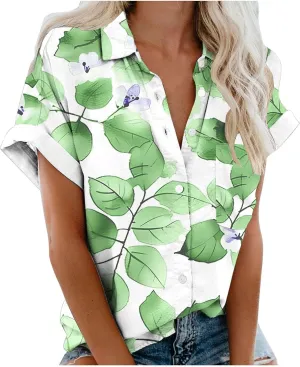 Summer Tops for Women 2024 Vacation Beach Vacation Short Sleeve Floral Print Shirts Casual Loose Bohemian Blouses