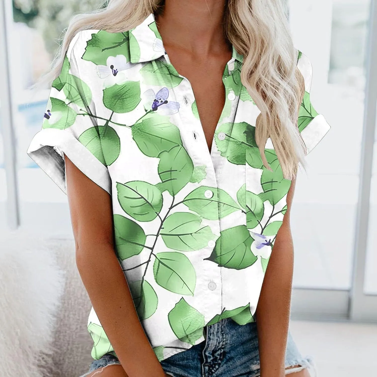 Summer Tops for Women 2024 Vacation Beach Vacation Short Sleeve Floral Print Shirts Casual Loose Bohemian Blouses