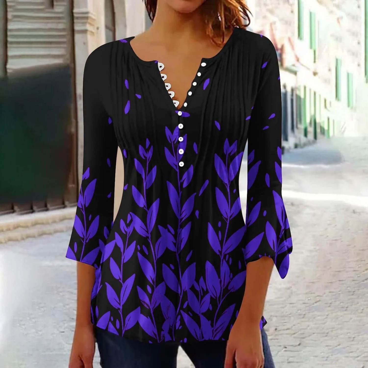 Summer Tops for Women Trendy Boho Vintage 3/4 Sleeve Tunic Blouse V-Neck T-Shirt Casual Floral Spring Fashion Outfits